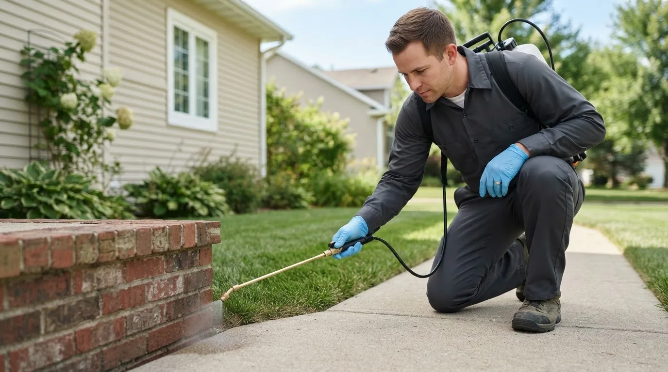 Pest control technician treating a home near Boon, MI