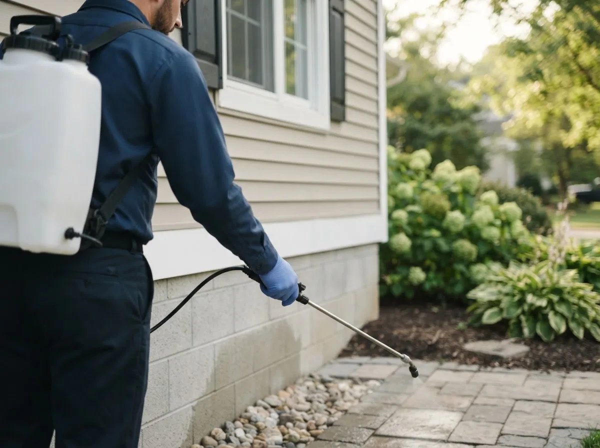 Pest control technician inspecting a home in Boon, MI